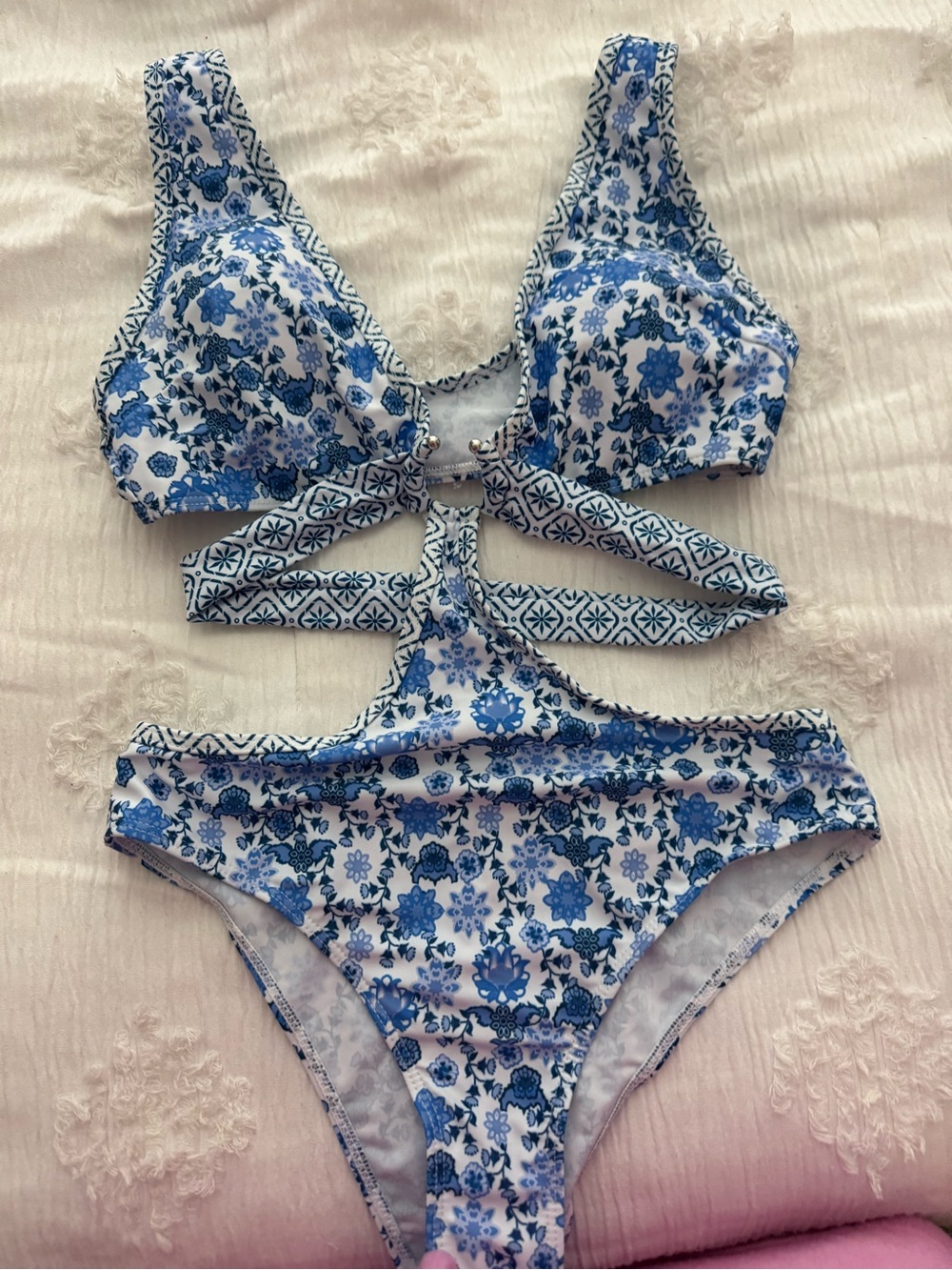 SHEIN Blue and White Floral One-Piece Swimsuit